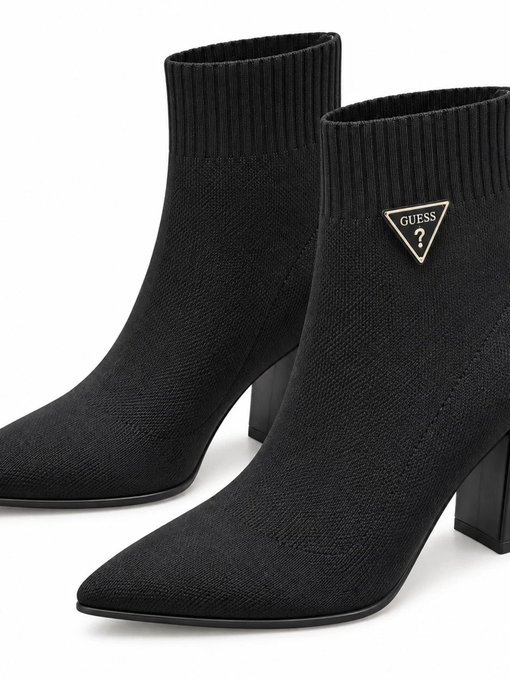 GUESS Black Knit Pointed Sock Booties with Gold Triangle Logo